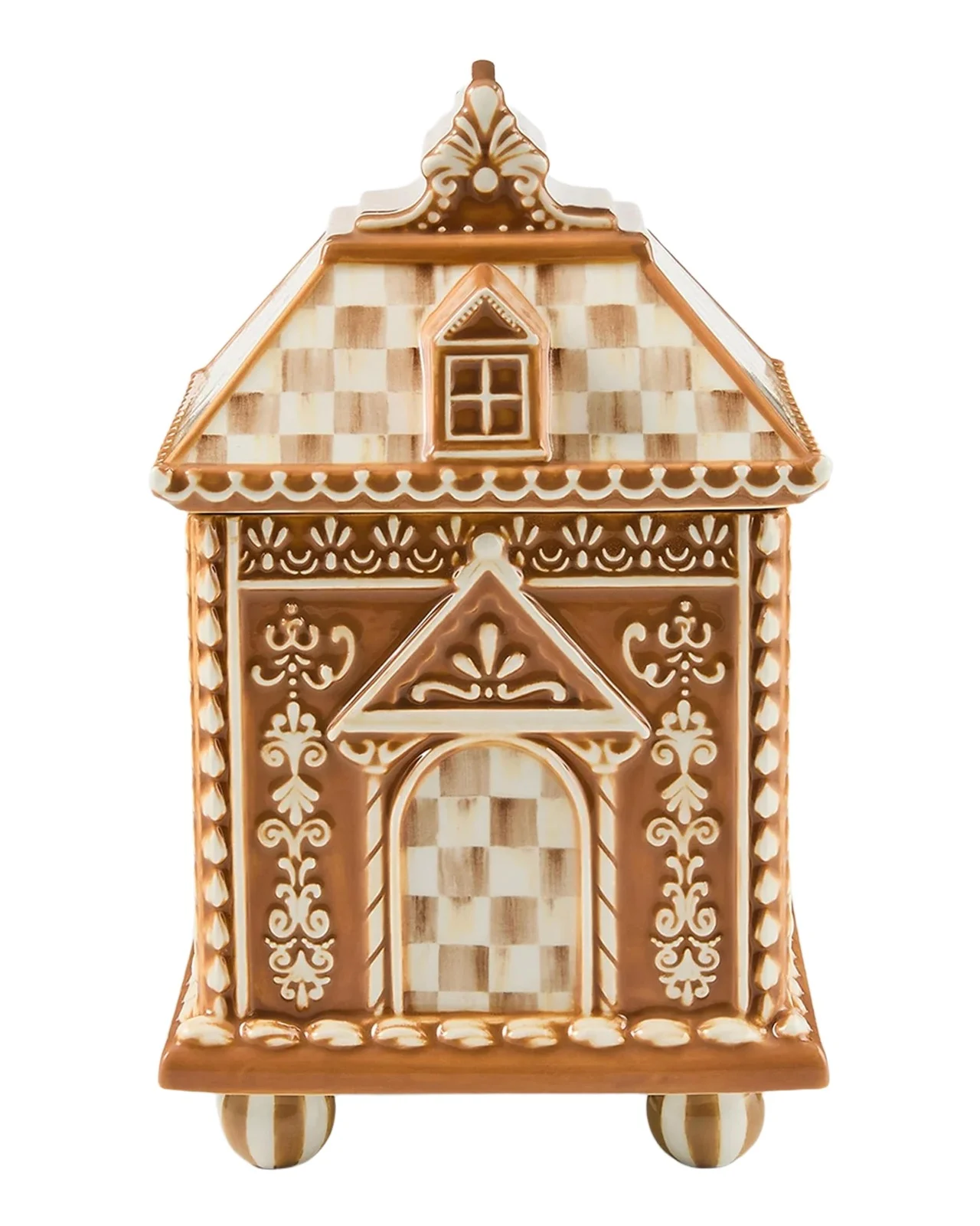MacKenzie-Childs Mocha Check Ceramic Gingerbread House Cookie Jar