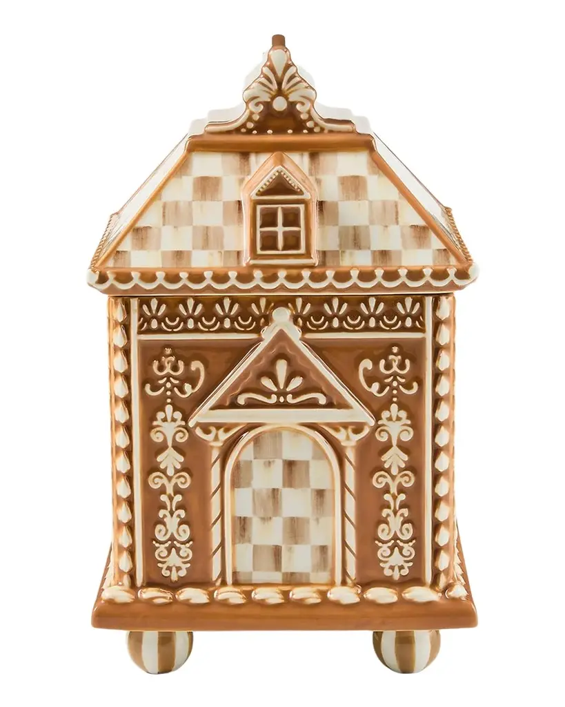 MacKenzie-Childs Mocha Check Ceramic Gingerbread House Cookie Jar