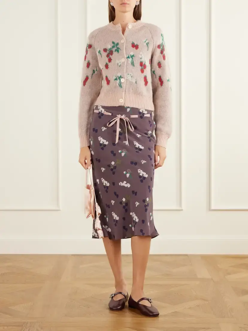 BERNADETTE Camille Drawstring Floral-print Velvet-trimmed Silk-habotai Midi Skirt | Thumbnail 2 BERNADETTE Camille Drawstring Floral-print Velvet-trimmed Silk-habotai Midi Skirt | Thumbnail 2