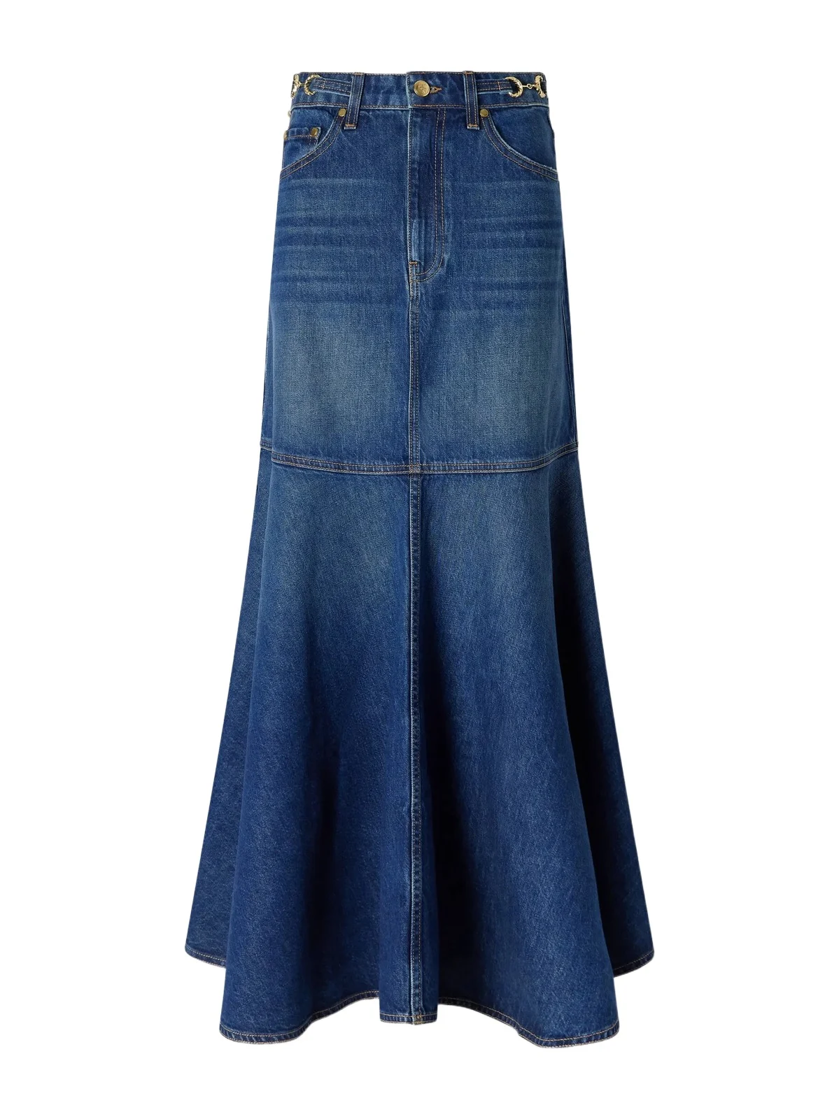 The Madelyn Embellished Paneled Denim Maxi Skirt The Madelyn Embellished Paneled Denim Maxi Skirt