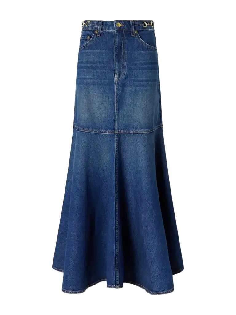 The Madelyn Embellished Paneled Denim Maxi Skirt