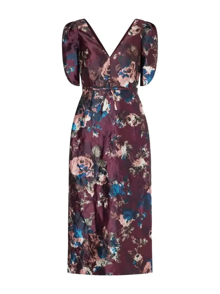 Erdem Belted Floral-print Crinkled Satin Midi Dress
