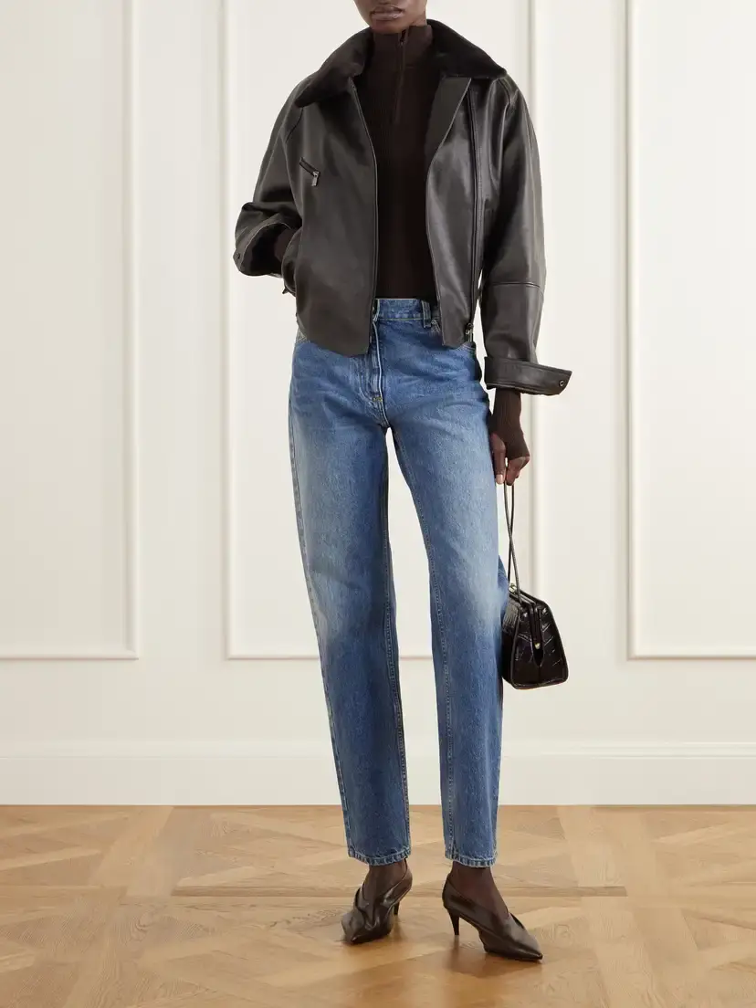 Magda Butrym Cropped Shearling-trimmed Leather Biker Jacket | Thumbnail 2 Magda Butrym Cropped Shearling-trimmed Leather Biker Jacket | Thumbnail 2
