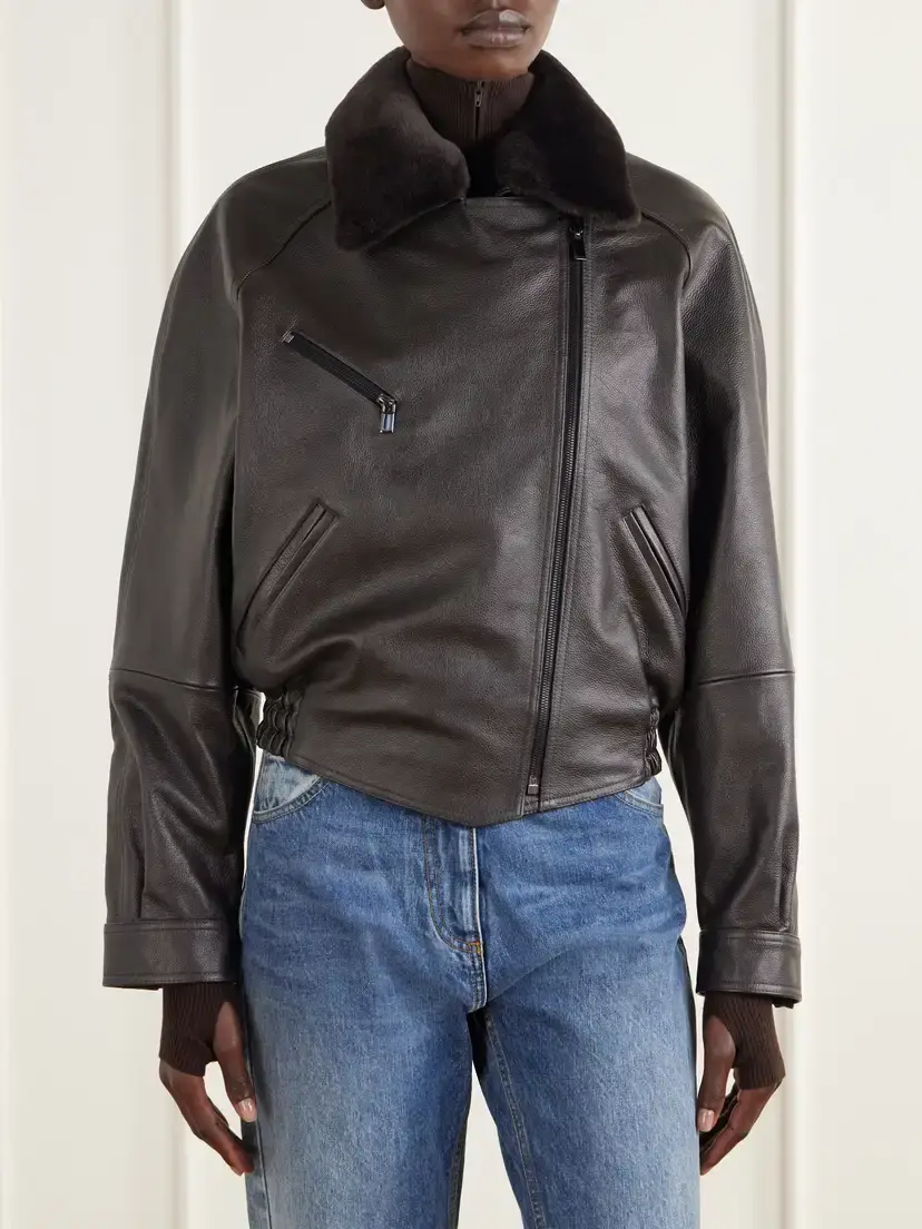 Magda Butrym Cropped Shearling-trimmed Leather Biker Jacket | Thumbnail 3 Magda Butrym Cropped Shearling-trimmed Leather Biker Jacket | Thumbnail 3