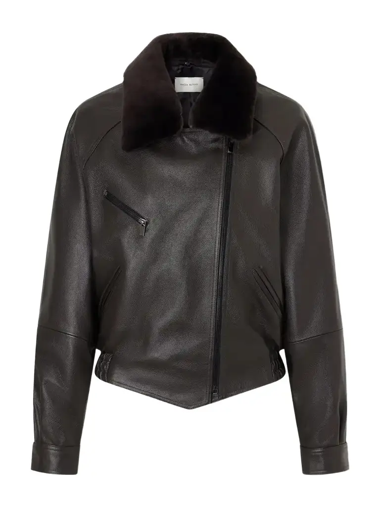 Magda Butrym Cropped Shearling-trimmed Leather Biker Jacket