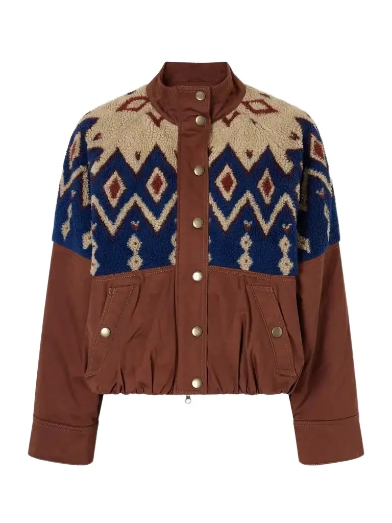 Knoll Gathered Fair Isle Fleece-trimmed Cotton-twill Jacket