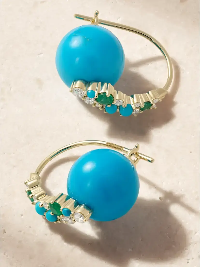 Sydney Evan 14-karat Gold, Diamond, Emerald And Turquoise Earrings - Blue | Thumbnail 3 Sydney Evan 14-karat Gold, Diamond, Emerald And Turquoise Earrings - Blue | Thumbnail 3