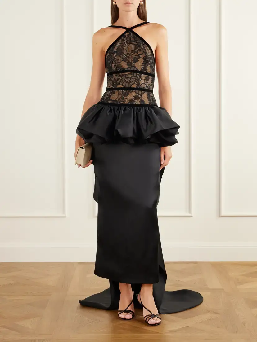 Elie Saab Peplum Trail-hem Lace-trimmed Silk-blend Gown | Thumbnail 2 Elie Saab Peplum Trail-hem Lace-trimmed Silk-blend Gown | Thumbnail 2