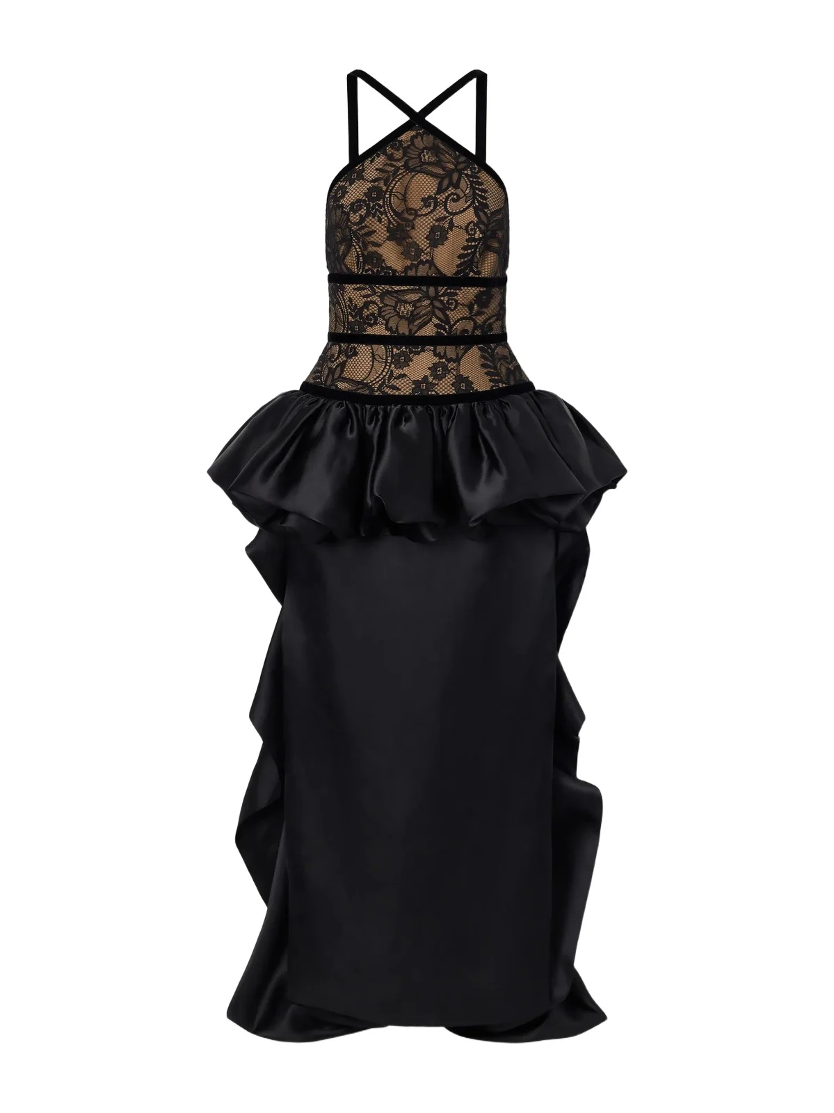 Peplum Trail-hem Lace-trimmed Silk-blend Gown Peplum Trail-hem Lace-trimmed Silk-blend Gown