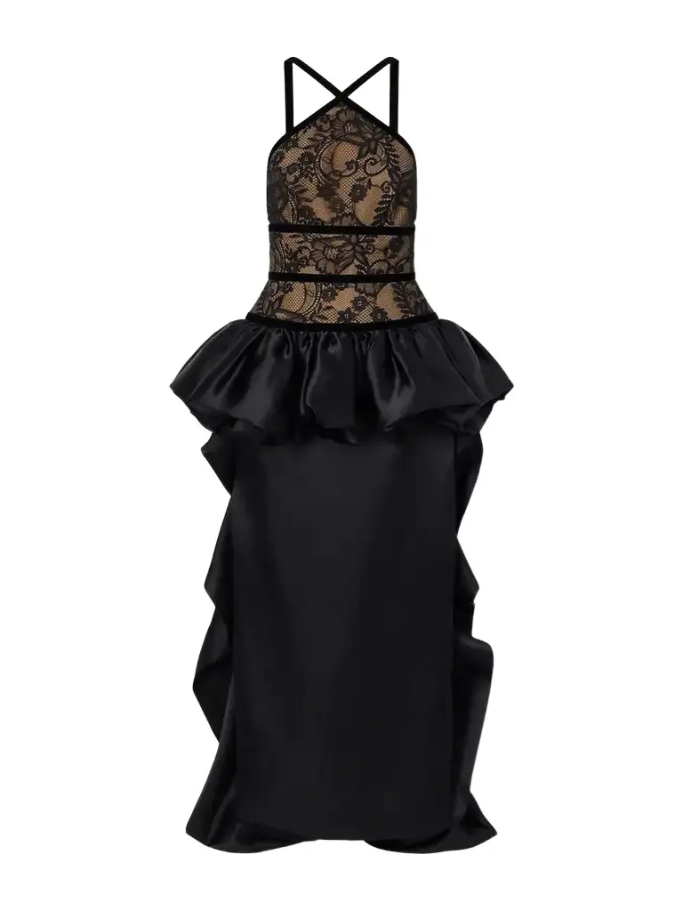 Elie Saab Peplum Trail-hem Lace-trimmed Silk-blend Gown