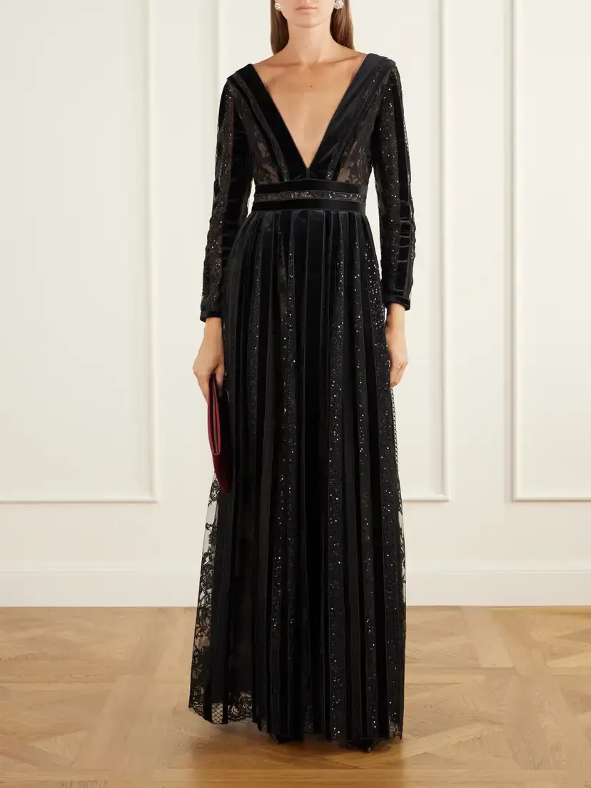 Costarellos Malena Sequin-embellished Velvet-trimmed Lace Gown | Thumbnail 2 Costarellos Malena Sequin-embellished Velvet-trimmed Lace Gown | Thumbnail 2