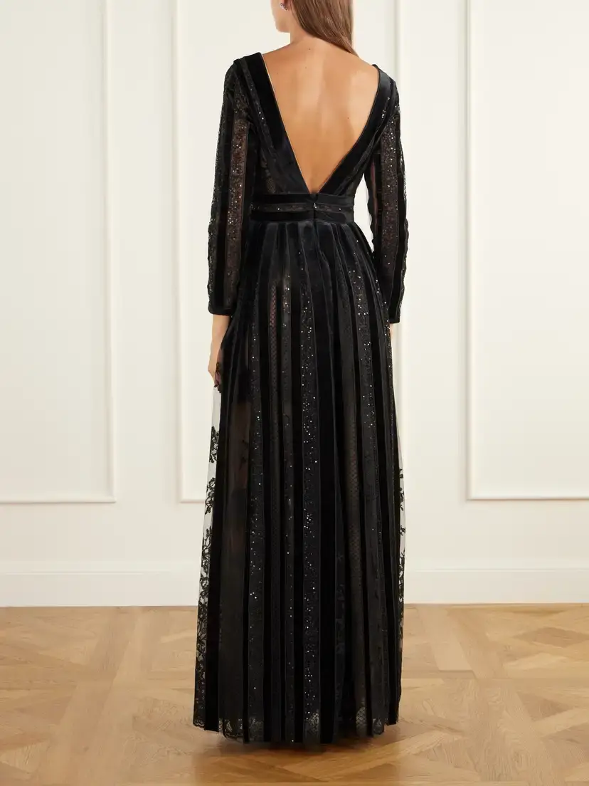 Costarellos Malena Sequin-embellished Velvet-trimmed Lace Gown | Thumbnail 3 Costarellos Malena Sequin-embellished Velvet-trimmed Lace Gown | Thumbnail 3