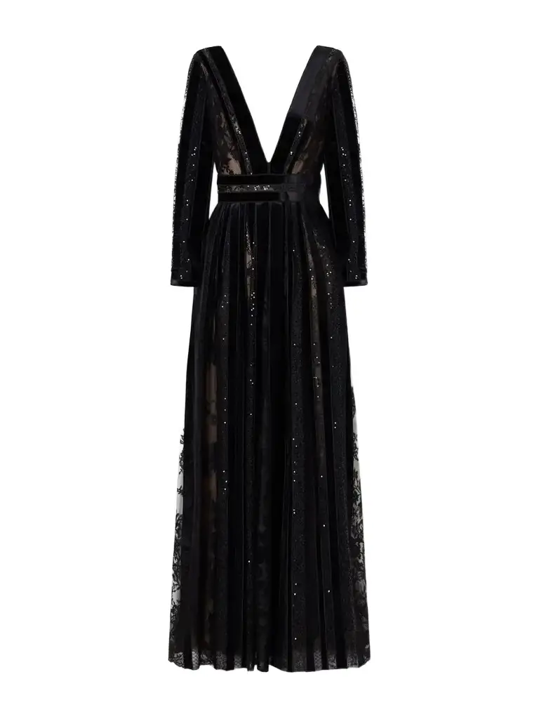 Malena Sequin-embellished Velvet-trimmed Lace Gown