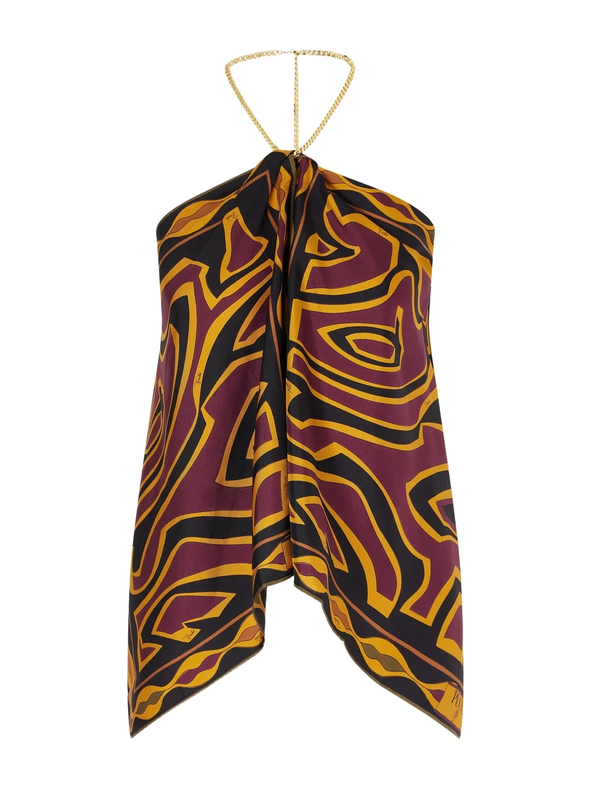 PUCCI Chain-embellished Draped Printed Silk-twill Halterneck Top