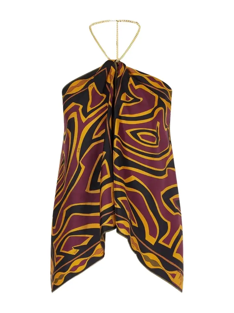 PUCCI Chain-embellished Draped Printed Silk-twill Halterneck Top