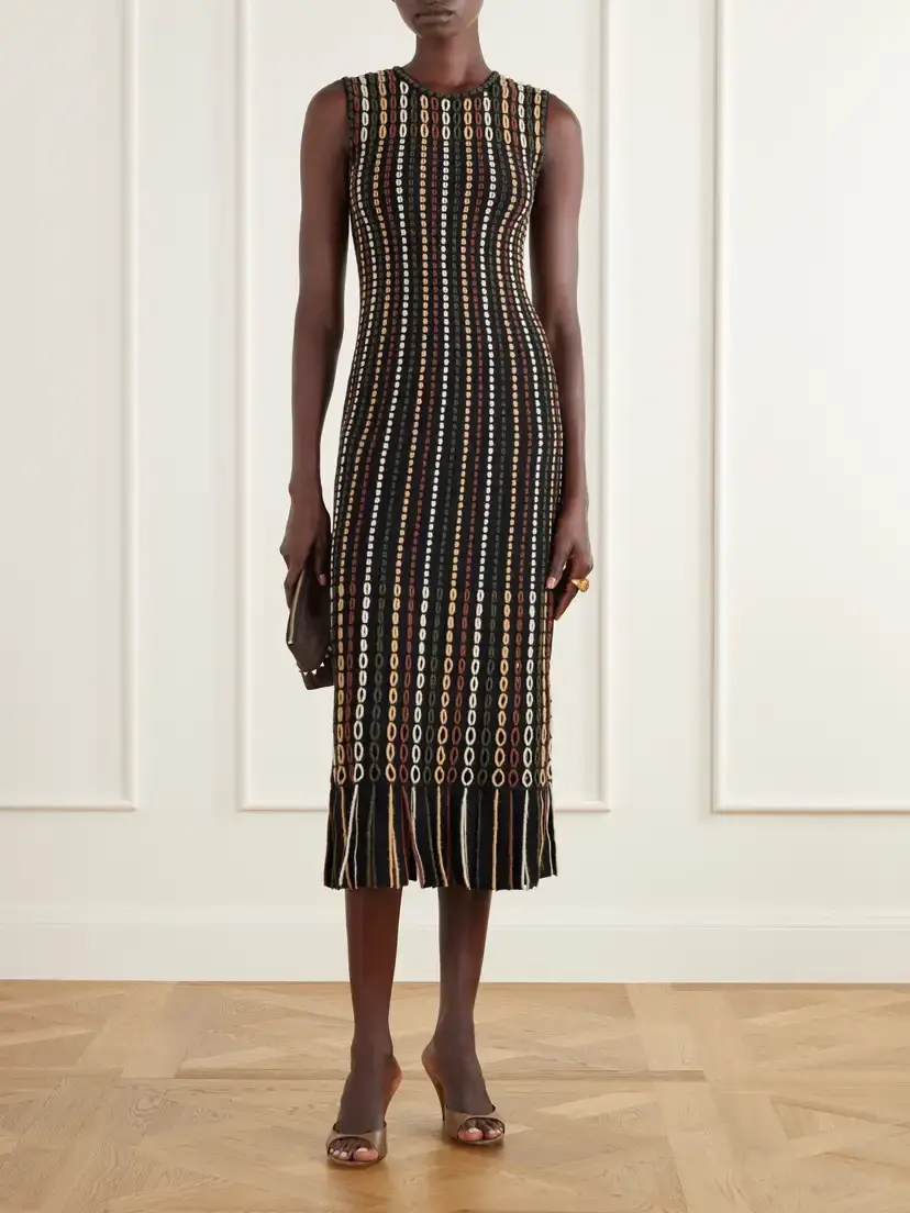 Ulla Johnson Amina Fringe-trimmed Stripe-inlain Wool-blend Midi Dress | Thumbnail 2 Ulla Johnson Amina Fringe-trimmed Stripe-inlain Wool-blend Midi Dress | Thumbnail 2