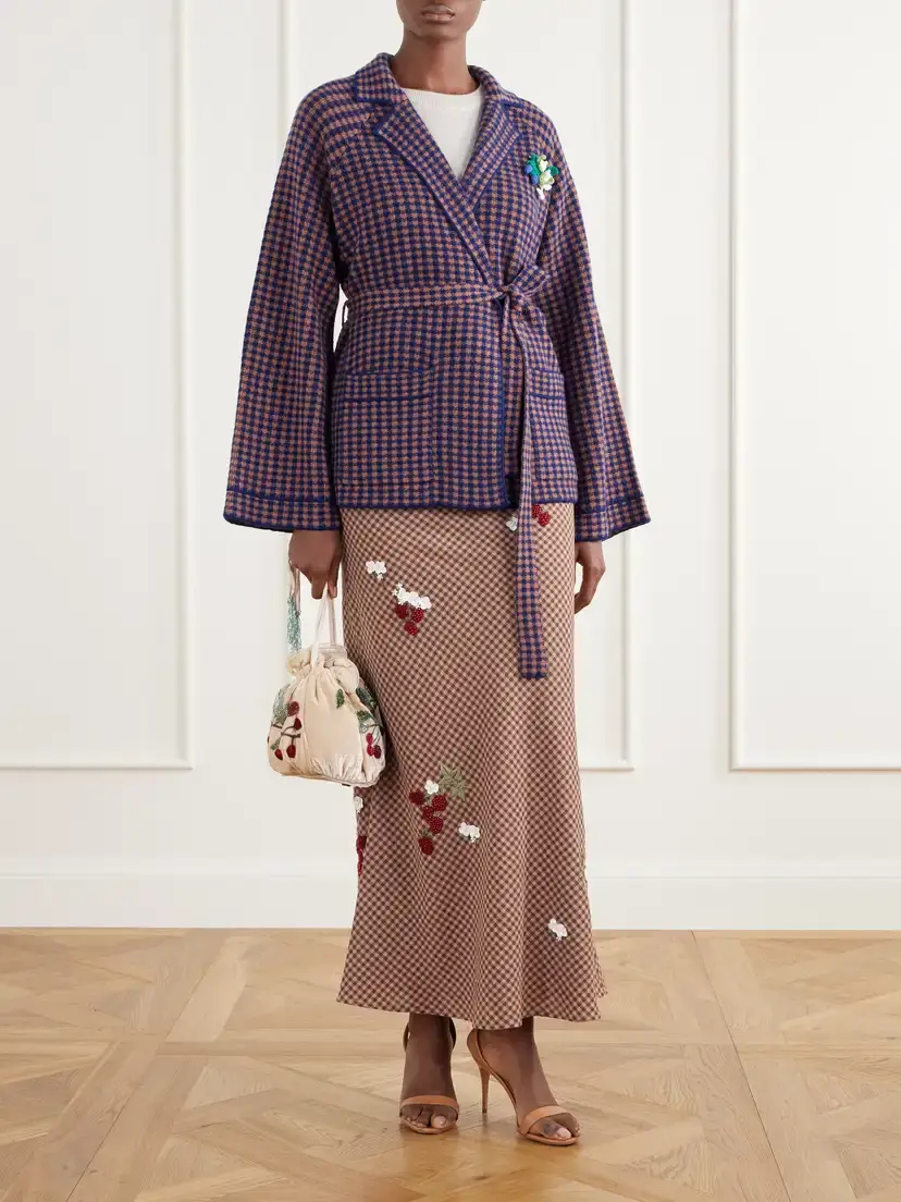 BERNADETTE Kallas Checked Belted Floral-appliquéd Cashmere Cardigan | Thumbnail 2 BERNADETTE Kallas Checked Belted Floral-appliquéd Cashmere Cardigan | Thumbnail 2