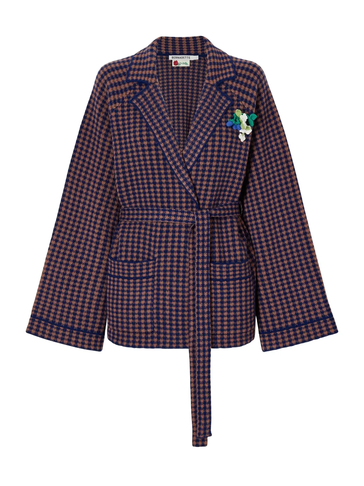 BERNADETTE Kallas Checked Belted Floral-appliquéd Cashmere Cardigan