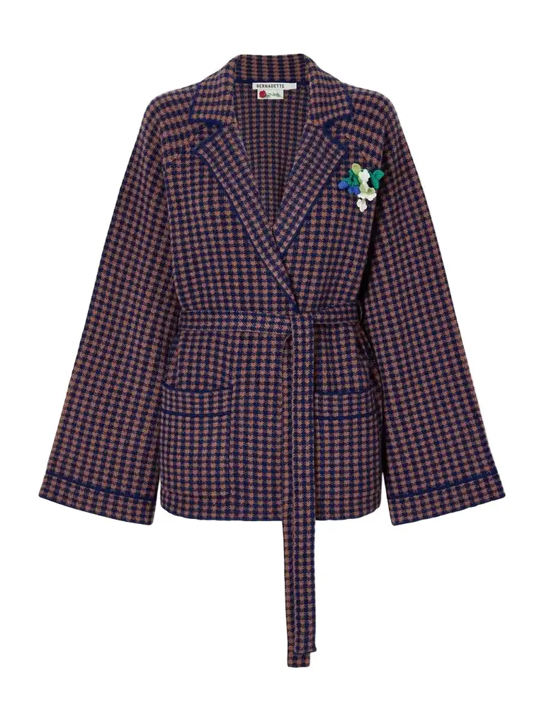 Kallas Checked Belted Floral-appliquéd Cashmere Cardigan Kallas Checked Belted Floral-appliquéd Cashmere Cardigan