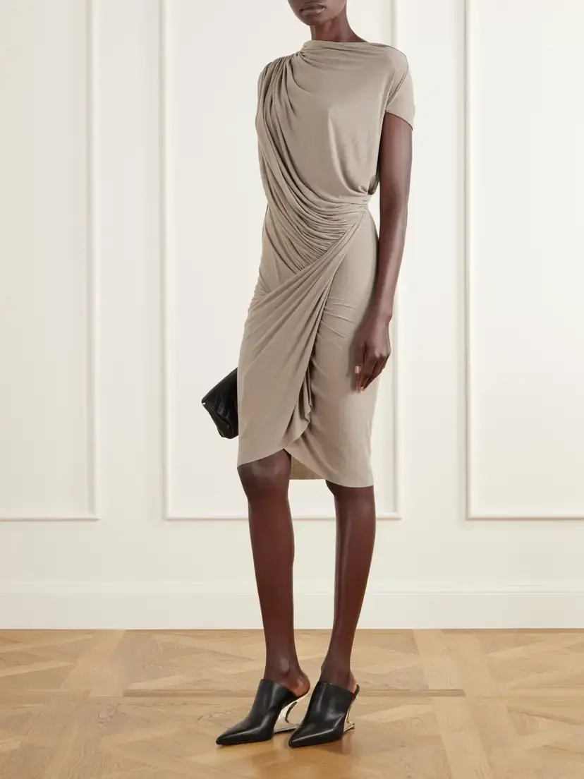 Rick Owens Ares Asymmetric Draped Gathered Stretch-jersey Mini Dress | Thumbnail 2 Rick Owens Ares Asymmetric Draped Gathered Stretch-jersey Mini Dress | Thumbnail 2
