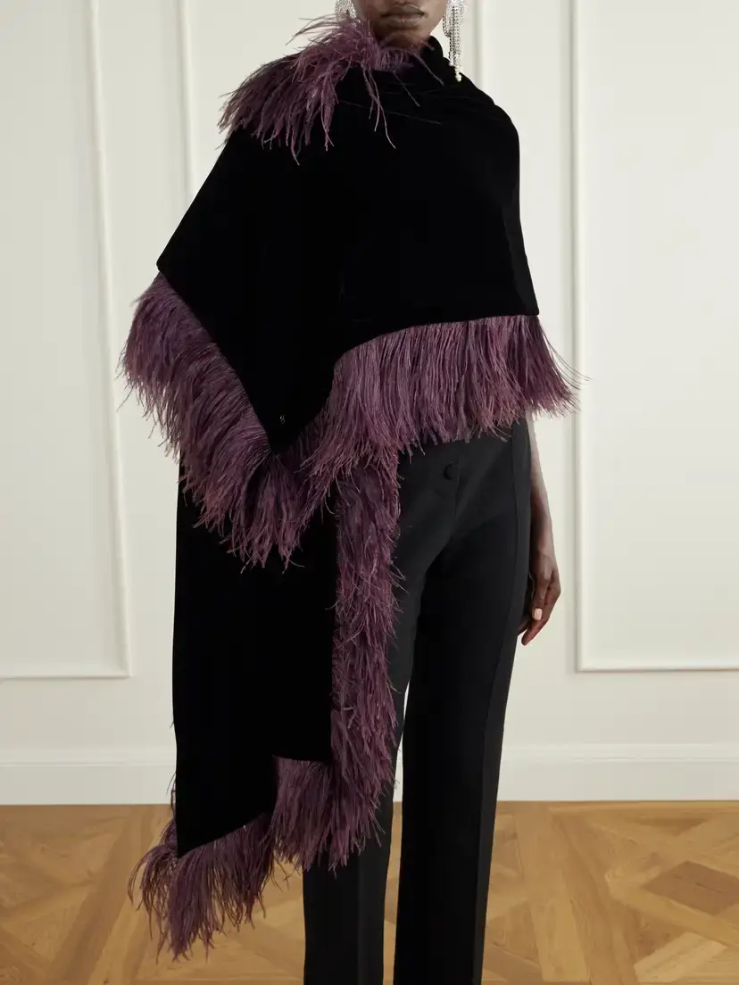 Valentino Garavani Vlogo-embellished Feather-trimmed Velvet Wrap | Thumbnail 2 Valentino Garavani Vlogo-embellished Feather-trimmed Velvet Wrap | Thumbnail 2