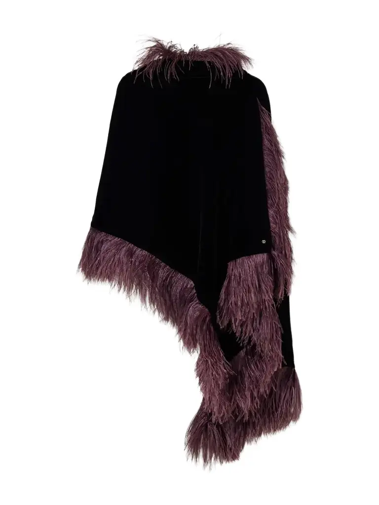 Valentino Garavani Vlogo-embellished Feather-trimmed Velvet Wrap