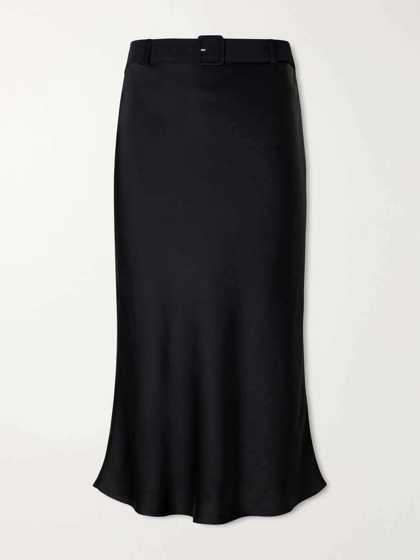 BERNADETTE Chuck Belted Duchess-satin Midi Skirt