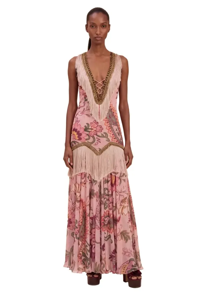 PatBo BOHO EMBELLISHED FRINGE GOWN
