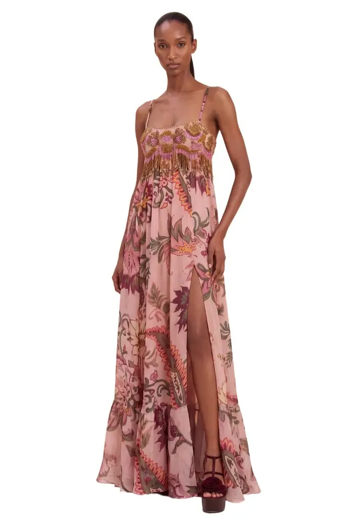 BOHO PRINTED EMBROIDERED SLIP GOWN