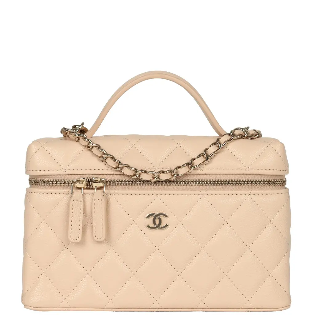 Chanel Chanel Top Handle Long Vanity Case with Chain Beige Shiny Caviar Light Gold Hardware