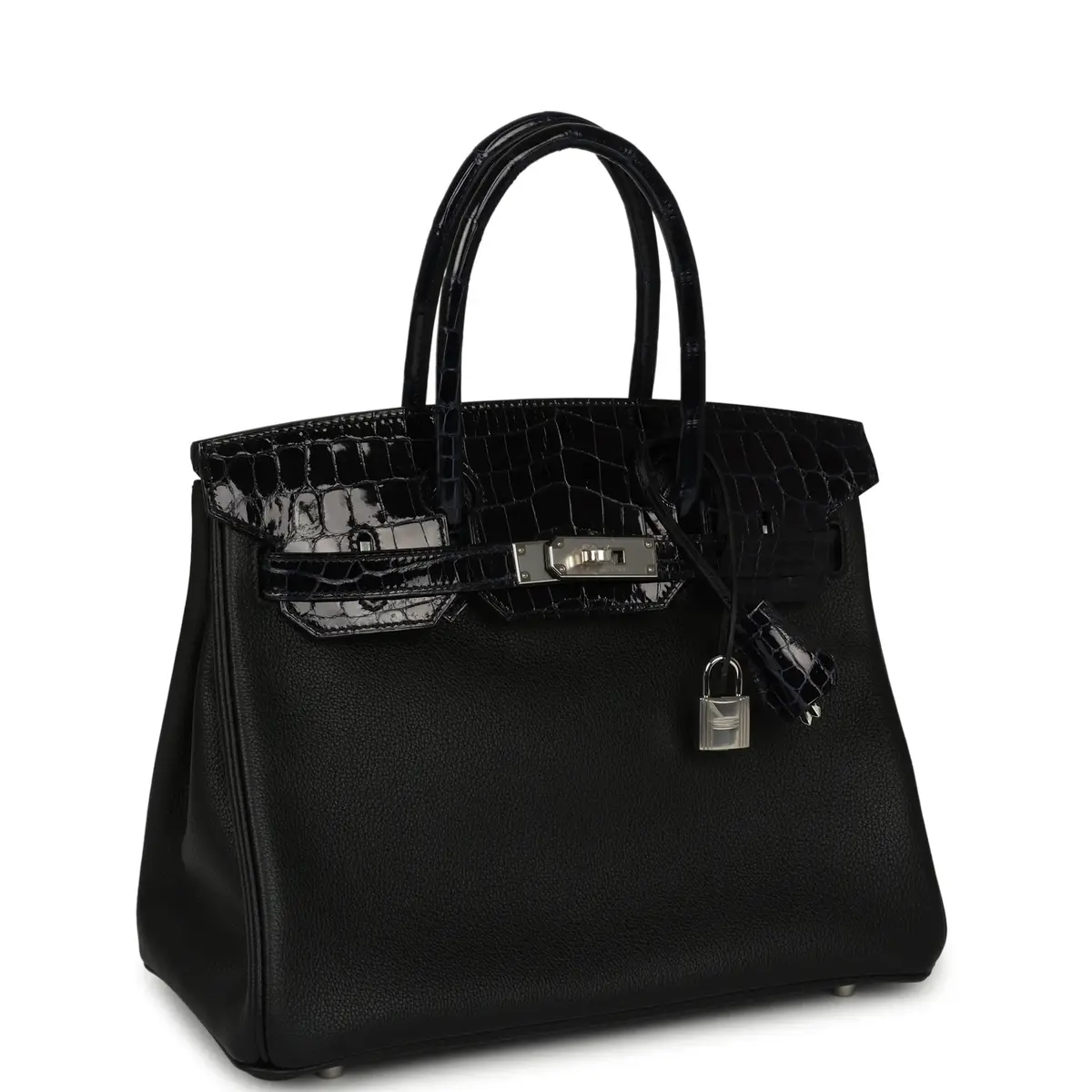 HERMÈS Hermes Birkin 30 Black, Bleu Marine Novillo, Shiny Niloticus Crocodile Touch Palladium Hardware | Thumbnail 2 HERMÈS Hermes Birkin 30 Black, Bleu Marine Novillo, Shiny Niloticus Crocodile Touch Palladium Hardware | Thumbnail 2