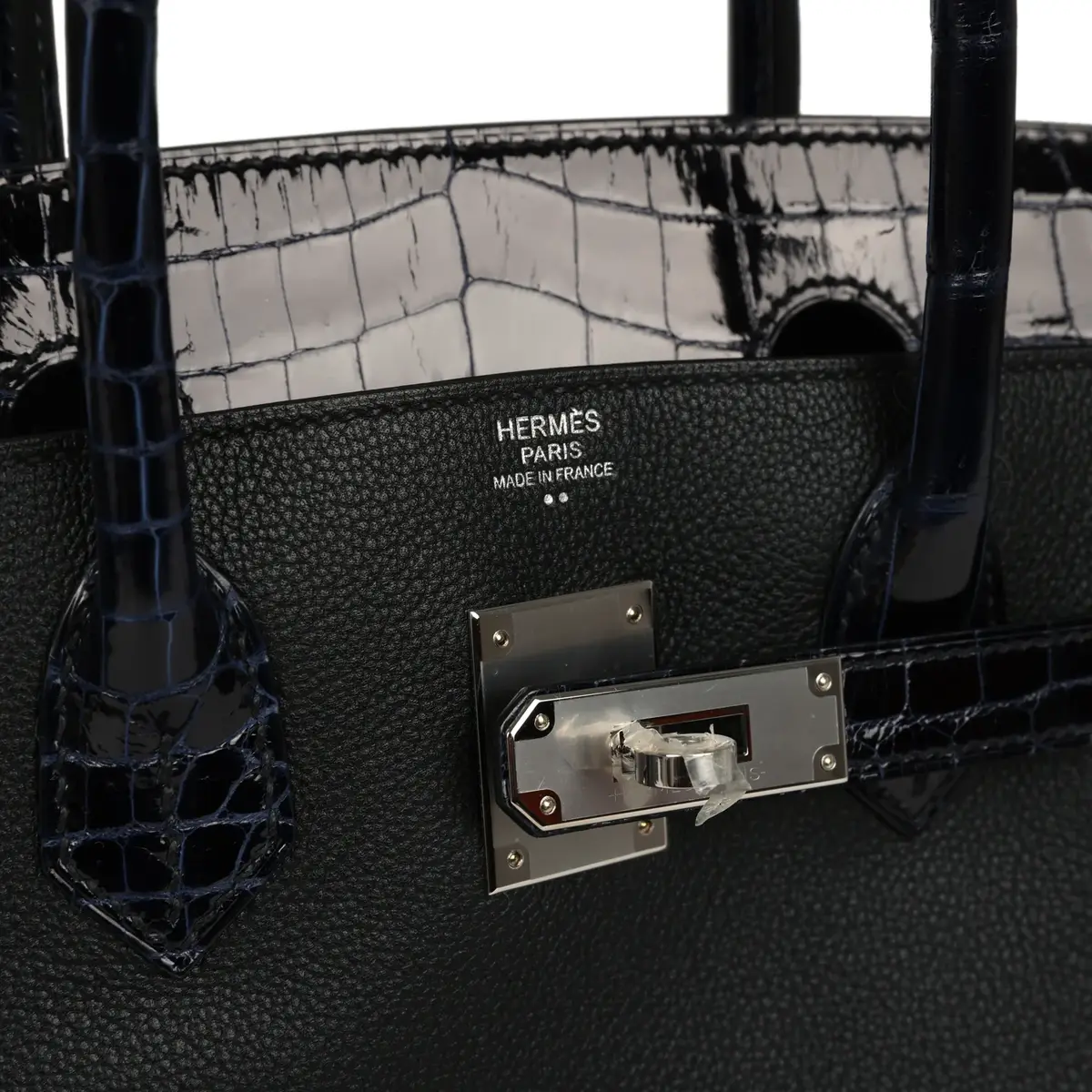 HERMÈS Hermes Birkin 30 Black, Bleu Marine Novillo, Shiny Niloticus Crocodile Touch Palladium Hardware | Thumbnail 6 HERMÈS Hermes Birkin 30 Black, Bleu Marine Novillo, Shiny Niloticus Crocodile Touch Palladium Hardware | Thumbnail 6