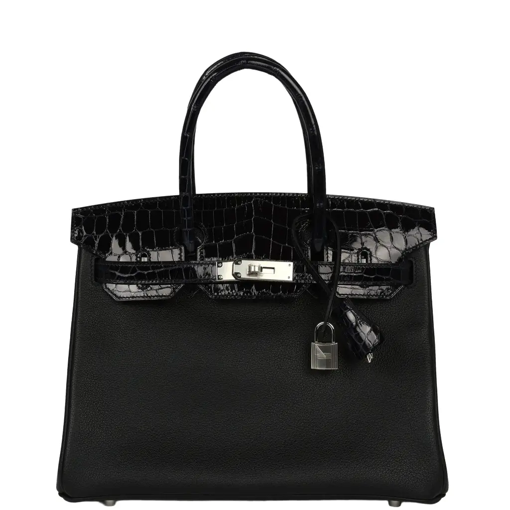 Hermes Birkin 30 Black, Bleu Marine Novillo, Shiny Niloticus Crocodile Touch Palladium Hardware Hermes Birkin 30 Black, Bleu Marine Novillo, Shiny Niloticus Crocodile Touch Palladium Hardware