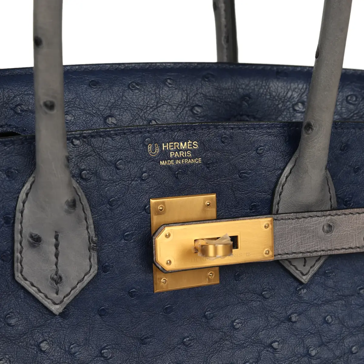 HERMÈS Hermes Special Order (HSS) Birkin 30 Bleu Iris, Gris Agate Ostrich Brushed Gold Hardware | Thumbnail 7