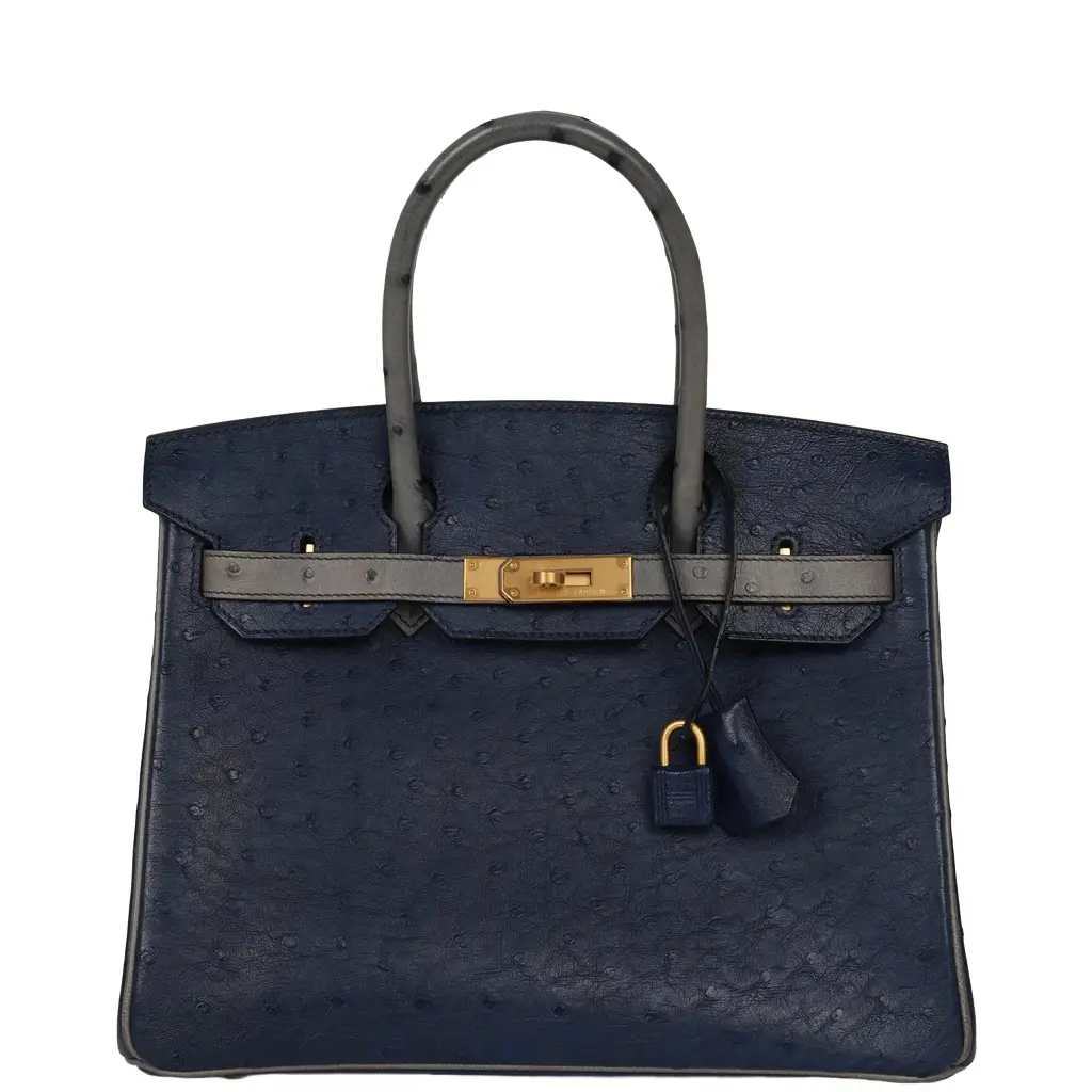 Hermes Special Order (HSS) Birkin 30 Bleu Iris, Gris Agate Ostrich Brushed Gold Hardware Hermes Special Order (HSS) Birkin 30 Bleu Iris, Gris Agate Ostrich Brushed Gold Hardware