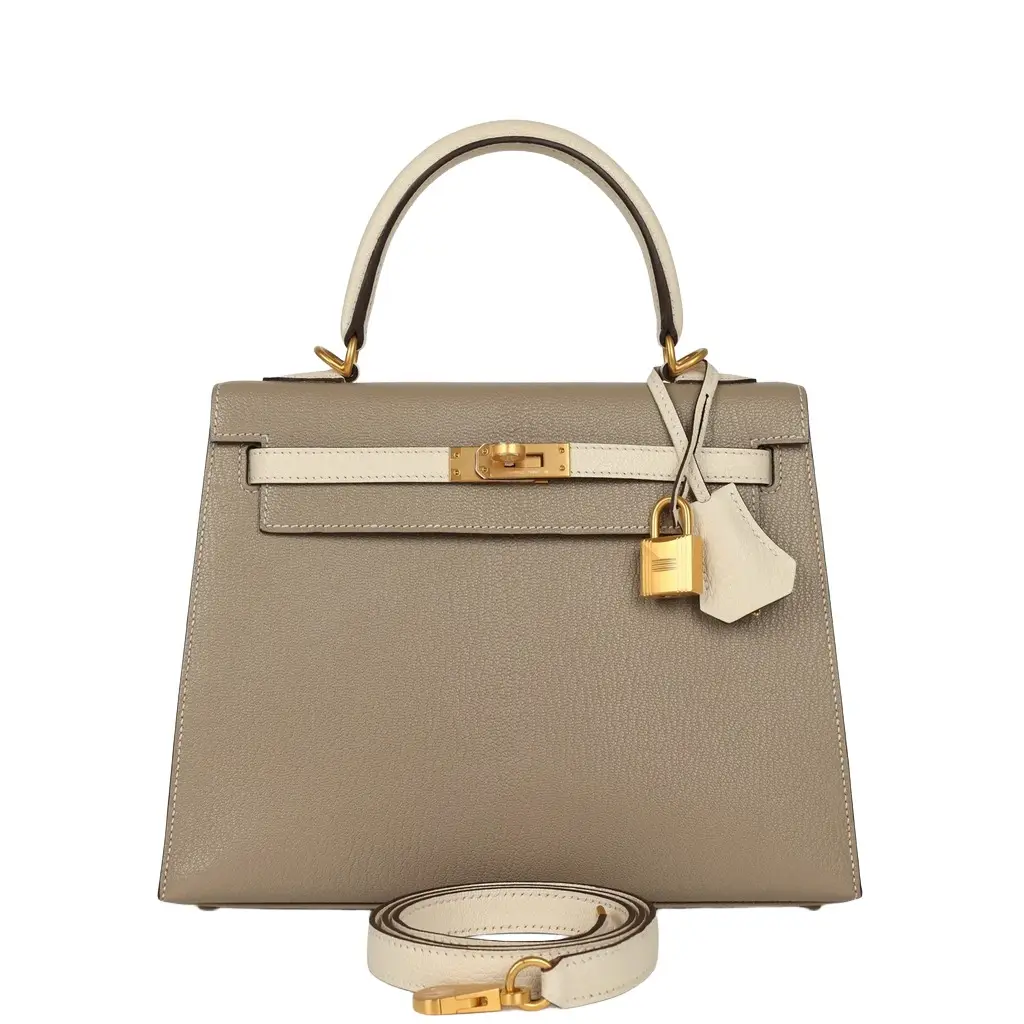 Hermes Special Order (HSS) Kelly Sellier 25 Gris Tourterelle, Nata Chevre Mysore Brushed Gold Hardware Hermes Special Order (HSS) Kelly Sellier 25 Gris Tourterelle, Nata Chevre Mysore Brushed Gold Hardware