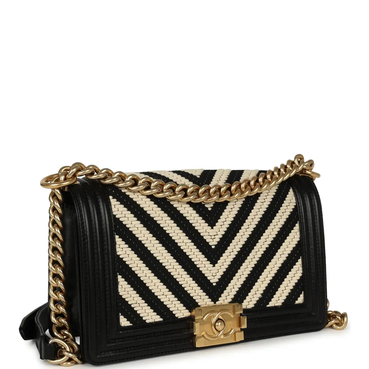 Chanel Pre-owned Chanel Medium Braided Chevron Boy Bag Black & White Fabric, Black Calfskin Antique Gold Hardware | Thumbnail 2 Chanel Pre-owned Chanel Medium Braided Chevron Boy Bag Black & White Fabric, Black Calfskin Antique Gold Hardware | Thumbnail 2