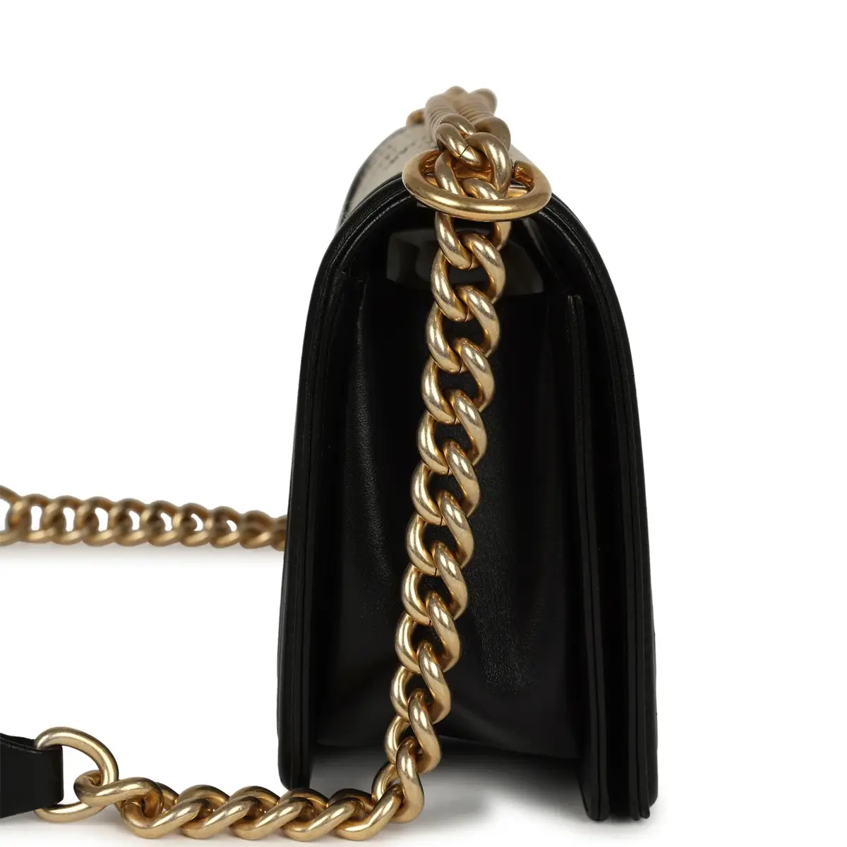 Chanel Pre-owned Chanel Medium Braided Chevron Boy Bag Black & White Fabric, Black Calfskin Antique Gold Hardware | Thumbnail 3 Chanel Pre-owned Chanel Medium Braided Chevron Boy Bag Black & White Fabric, Black Calfskin Antique Gold Hardware | Thumbnail 3