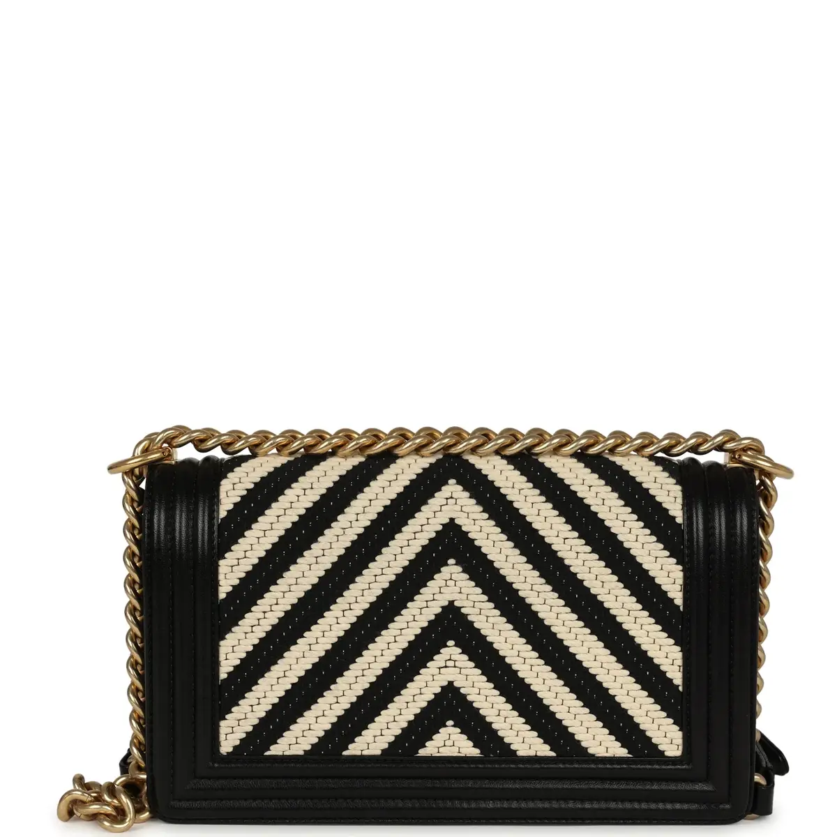 Chanel Pre-owned Chanel Medium Braided Chevron Boy Bag Black & White Fabric, Black Calfskin Antique Gold Hardware | Thumbnail 4 Chanel Pre-owned Chanel Medium Braided Chevron Boy Bag Black & White Fabric, Black Calfskin Antique Gold Hardware | Thumbnail 4