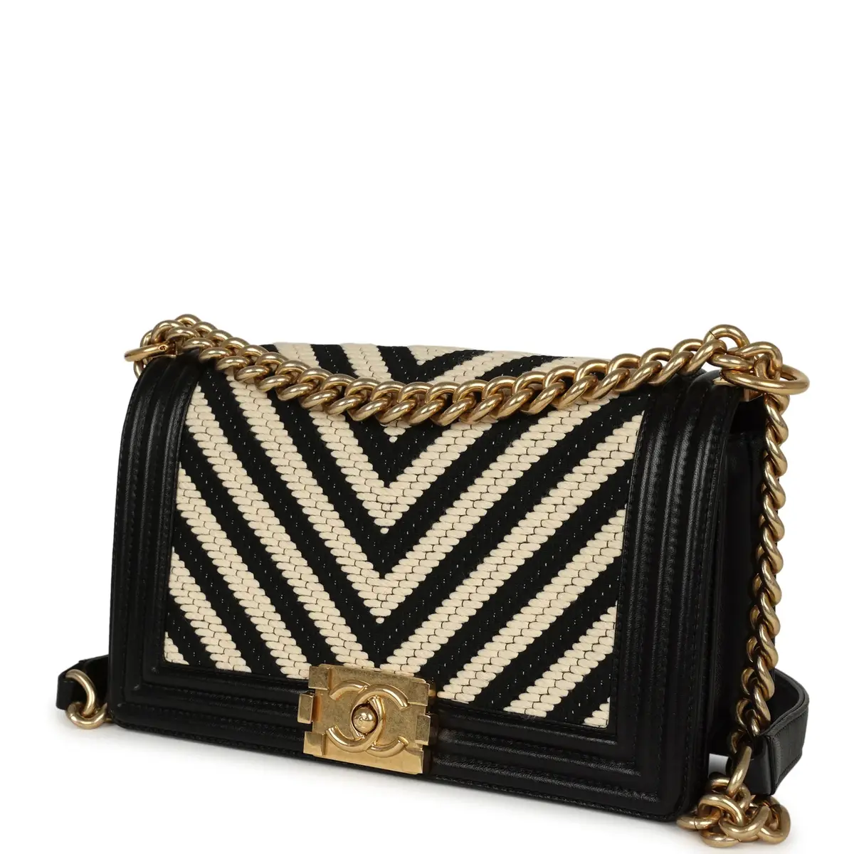 Chanel Pre-owned Chanel Medium Braided Chevron Boy Bag Black & White Fabric, Black Calfskin Antique Gold Hardware | Thumbnail 5 Chanel Pre-owned Chanel Medium Braided Chevron Boy Bag Black & White Fabric, Black Calfskin Antique Gold Hardware | Thumbnail 5
