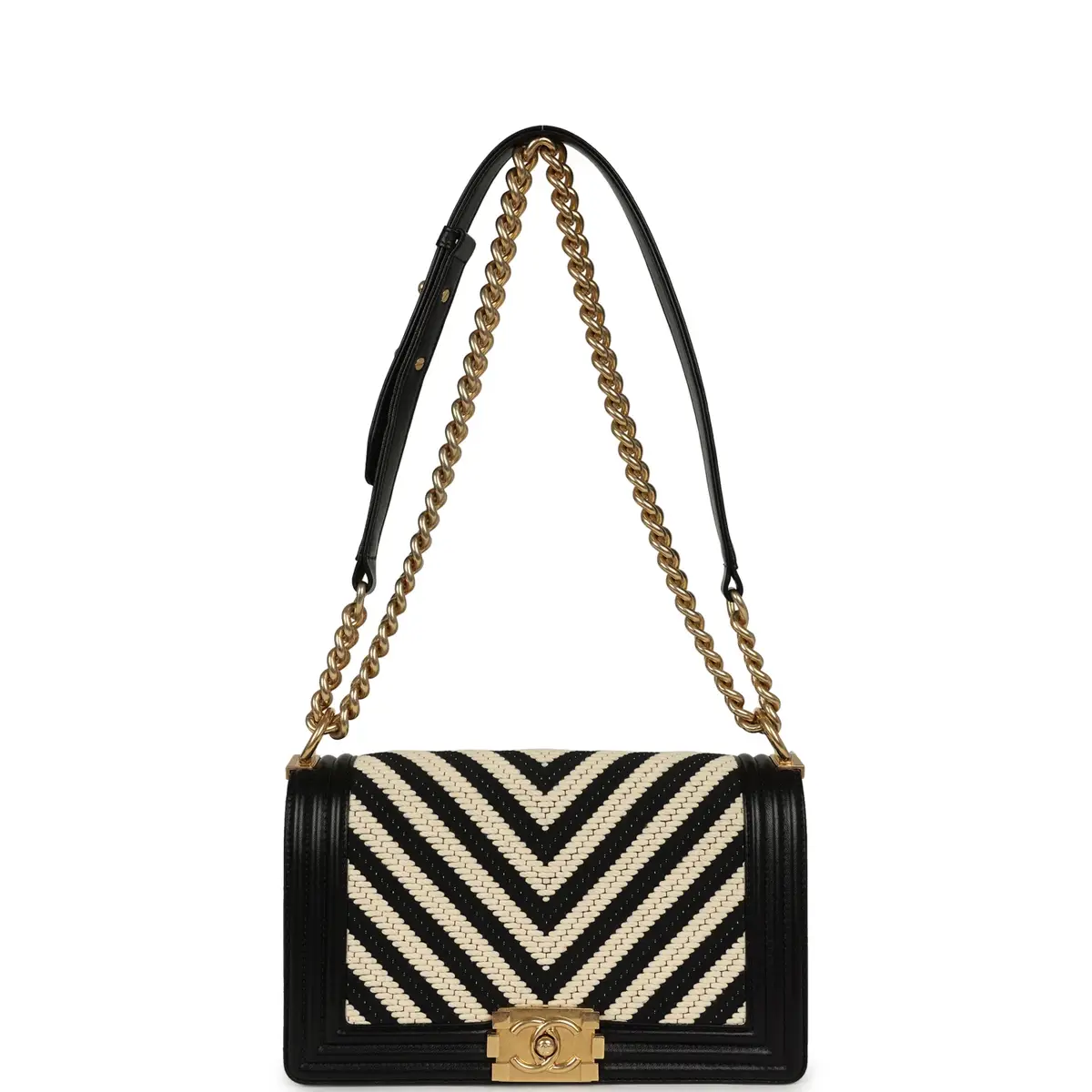 Chanel Pre-owned Chanel Medium Braided Chevron Boy Bag Black & White Fabric, Black Calfskin Antique Gold Hardware | Thumbnail 7 Chanel Pre-owned Chanel Medium Braided Chevron Boy Bag Black & White Fabric, Black Calfskin Antique Gold Hardware | Thumbnail 7