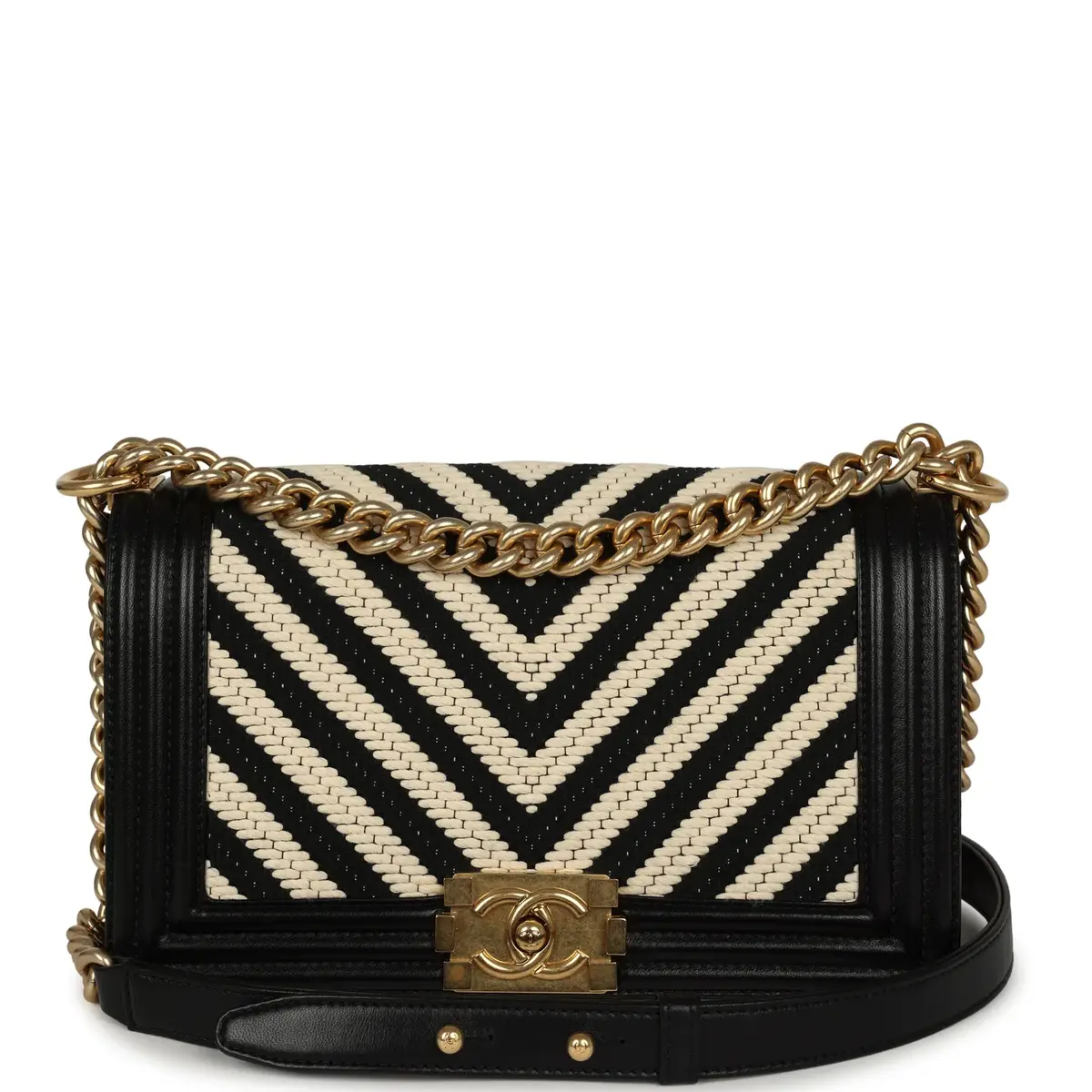 Chanel Pre-owned Chanel Medium Braided Chevron Boy Bag Black & White Fabric, Black Calfskin Antique Gold Hardware