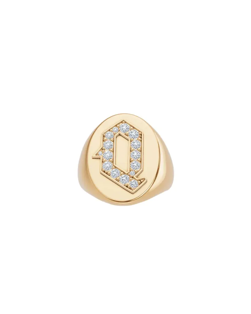 Jennifer Fisher Large Signet Letter Ring with Diamonds in 18K Yellow Gold O-Z Q / 6