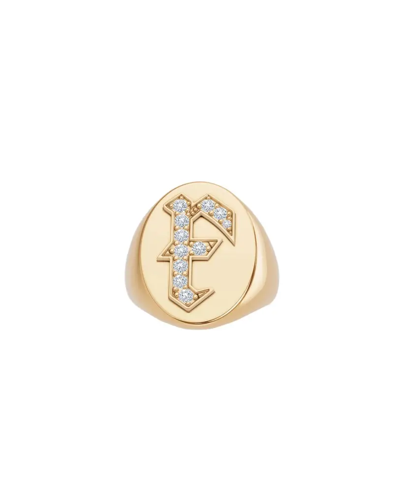 Jennifer Fisher Large Signet Letter Ring with Diamonds in 18K Yellow Gold A-N F / 5 Jennifer Fisher Large Signet Letter Ring with Diamonds in 18K Yellow Gold A-N F / 5
