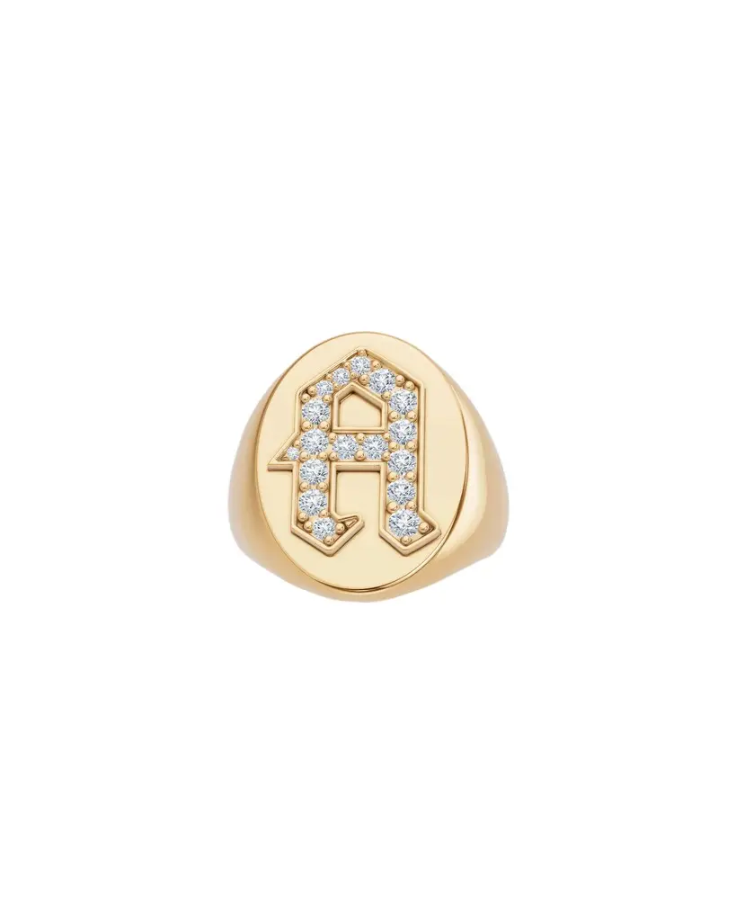 Jennifer Fisher Large Signet Letter Ring with Diamonds in 18K Yellow Gold A-N A / 9