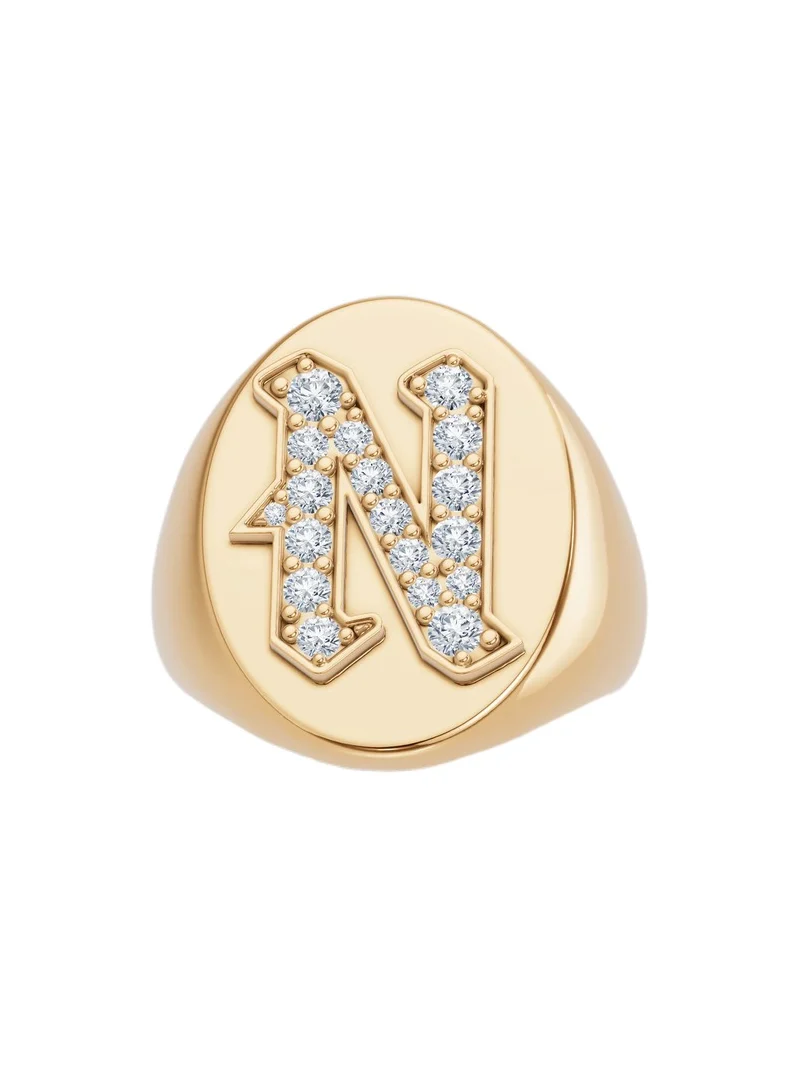 Large Signet Letter Ring with Diamonds in 18K Yellow Gold A-N N / 9 Large Signet Letter Ring with Diamonds in 18K Yellow Gold A-N N / 9