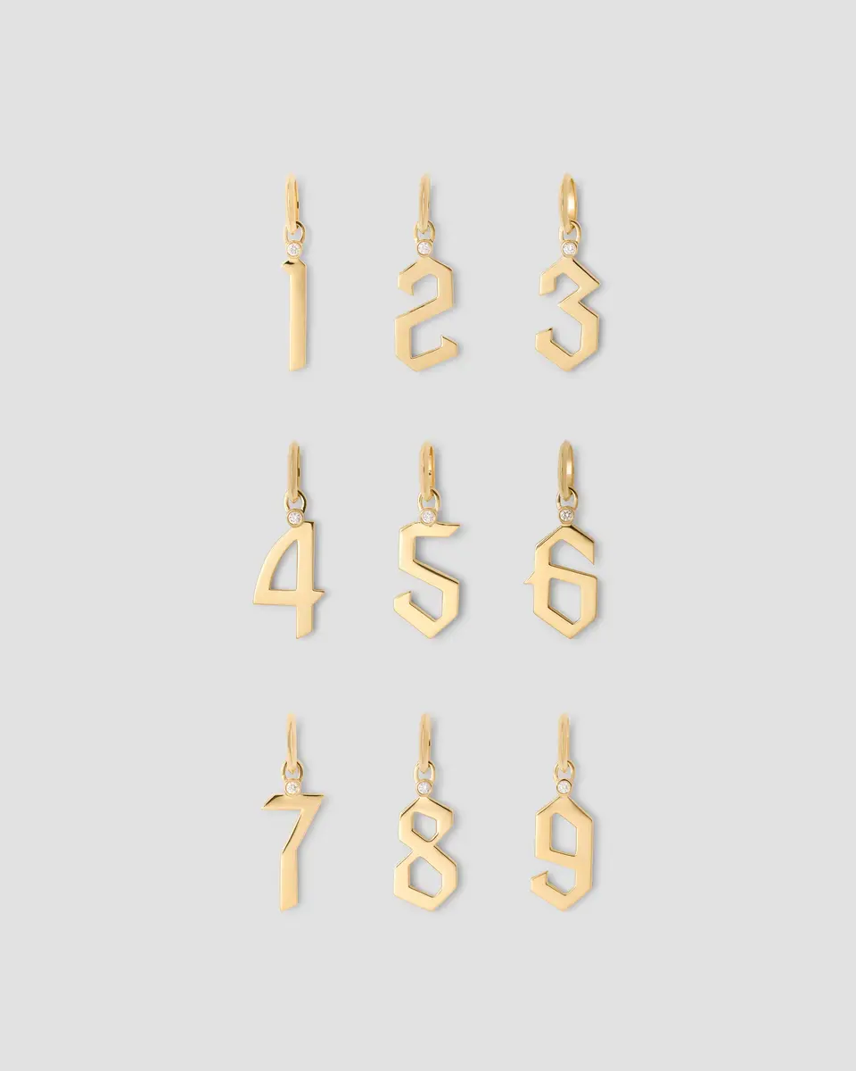 Jennifer Fisher Jennifer Fisher Gothic Number Charm with Diamond in 18K Yellow Gold 5 | Thumbnail 2 Jennifer Fisher Jennifer Fisher Gothic Number Charm with Diamond in 18K Yellow Gold 5 | Thumbnail 2