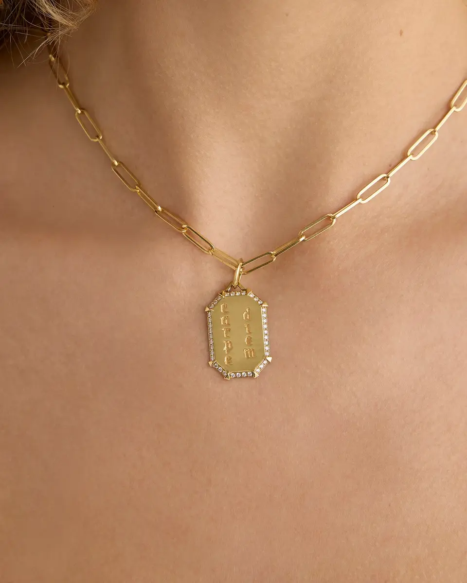 Jennifer Fisher Jennifer Fisher Personalized Emerald Shield with Pave White Diamonds in 18K Yellow Gold | Thumbnail 2