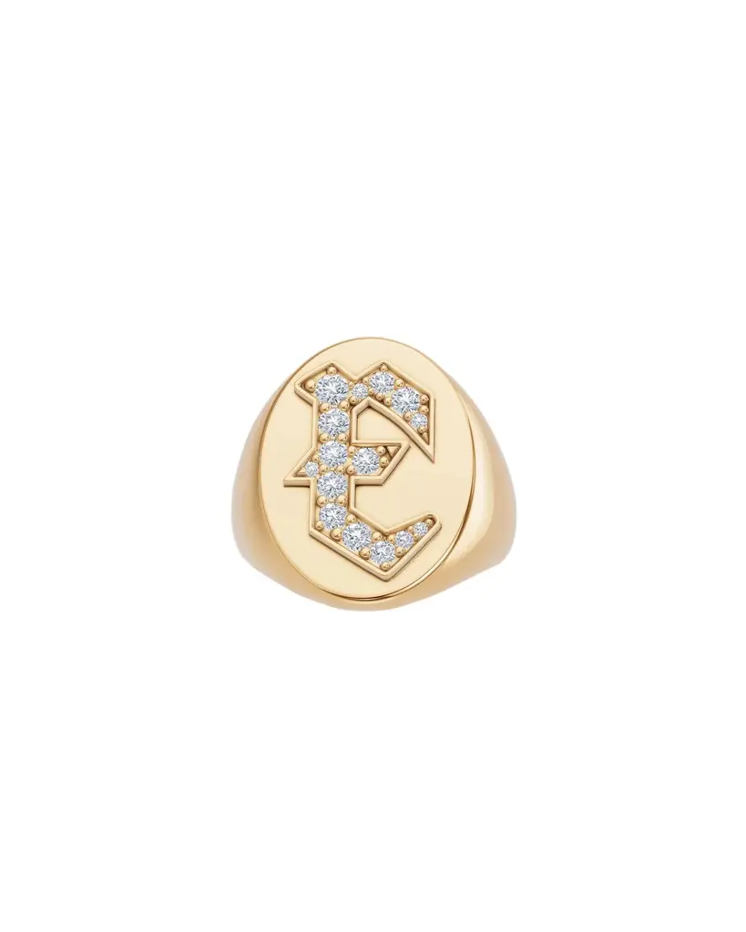 Jennifer Fisher Large Signet Letter Ring with Diamonds in 18K Yellow Gold A-N E / 7 Jennifer Fisher Large Signet Letter Ring with Diamonds in 18K Yellow Gold A-N E / 7
