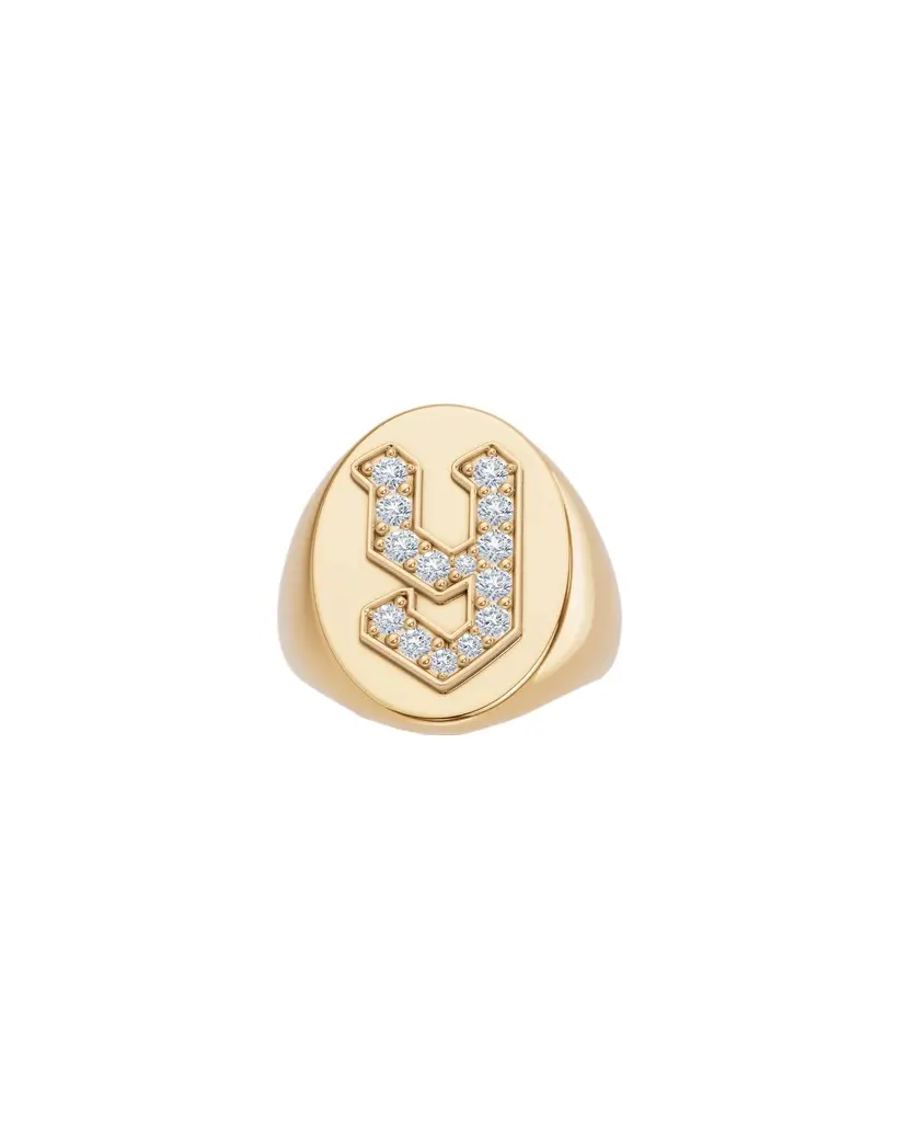 Jennifer Fisher Large Signet Letter Ring with Diamonds in 18K Yellow Gold O-Z Y / 4